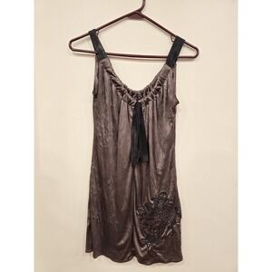 SALVAGE Satin Mini Dress Y2K Grunge Sz S Embroidered Whimsigoth Brown
